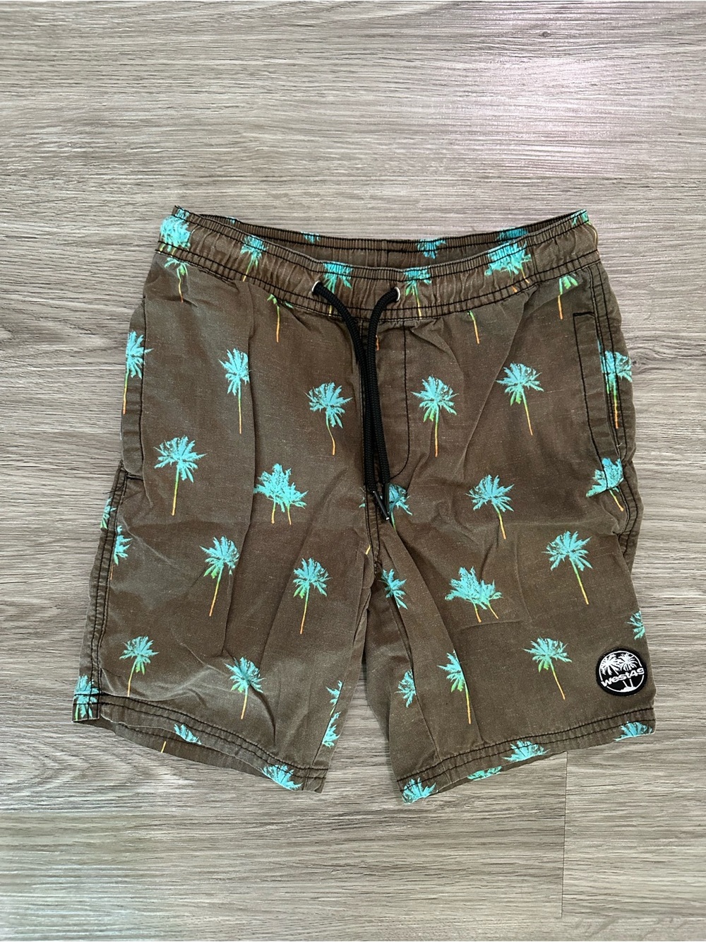 Kids 100% Cotton Palm-Print Brown Drawstring Shorts with Teal Palms Boys Size M